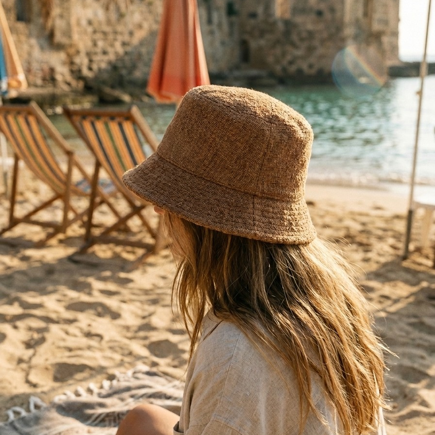 Person wearing a straw hat on a beach with chairs and umbrellas in the background